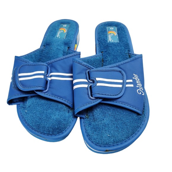 Vintage 80s Terry Lined Slides Size 8 Blue Rainbow Detail Islander - Picture 2 of 10
